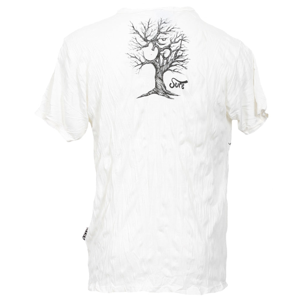 sure white crinkle finish t-shirt with weathered tree pencil drawn graphic print between shoulders at back