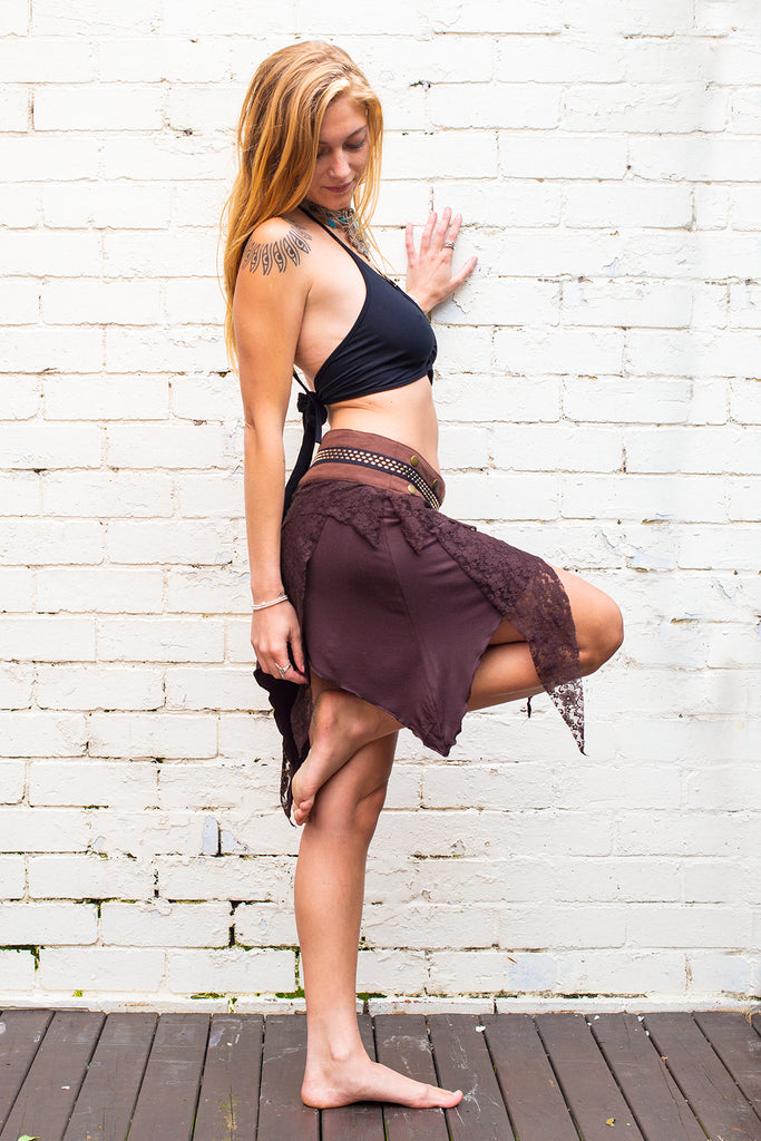 Sahara skirt in brown with angular lace over layer assymetrical hem and adjustable brass studded and detailed waist side