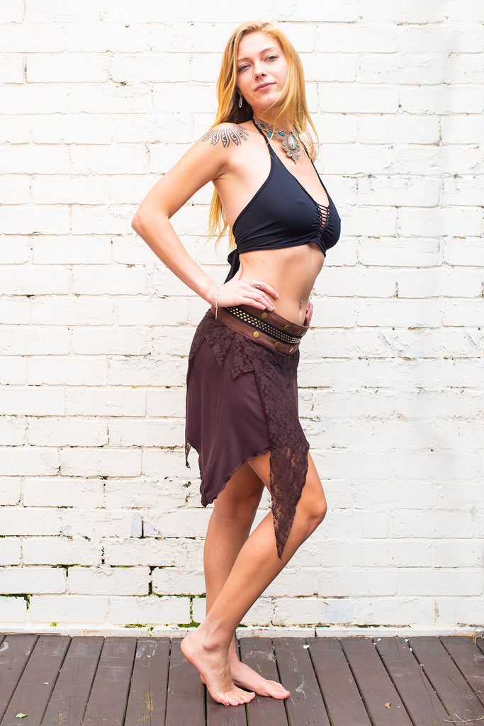 Sahara skirt in brown with angular lace over layer assymetrical hem and adjustable brass studded and detailed waist side