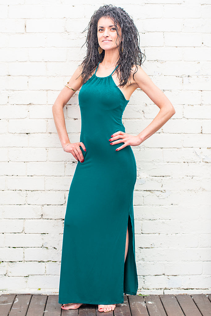 long halter top Selena maxi dress in teal with leg splits front