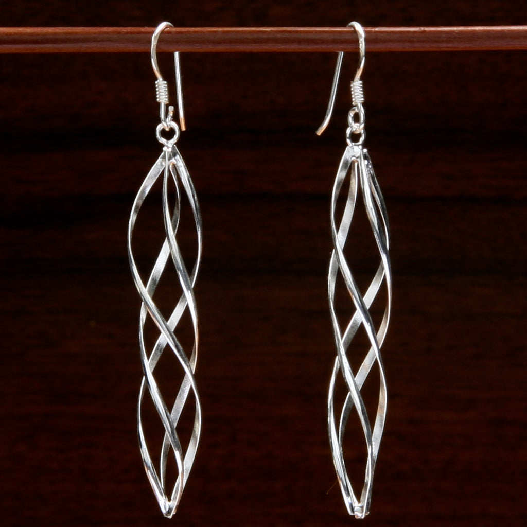 sterling silver long braid earrings with three spiralling helixes