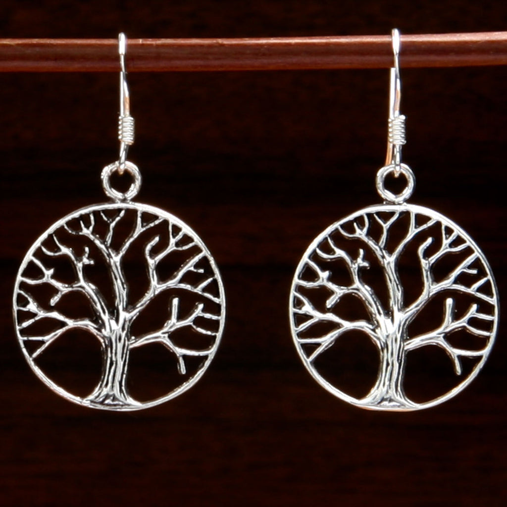sterling silver pendant earrings with the tree of life symbol silhouette inside a circle