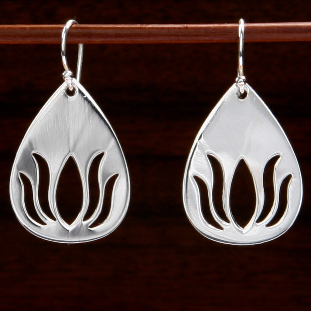 sterling silver teardrop shaped earrings with lotus design cut-out