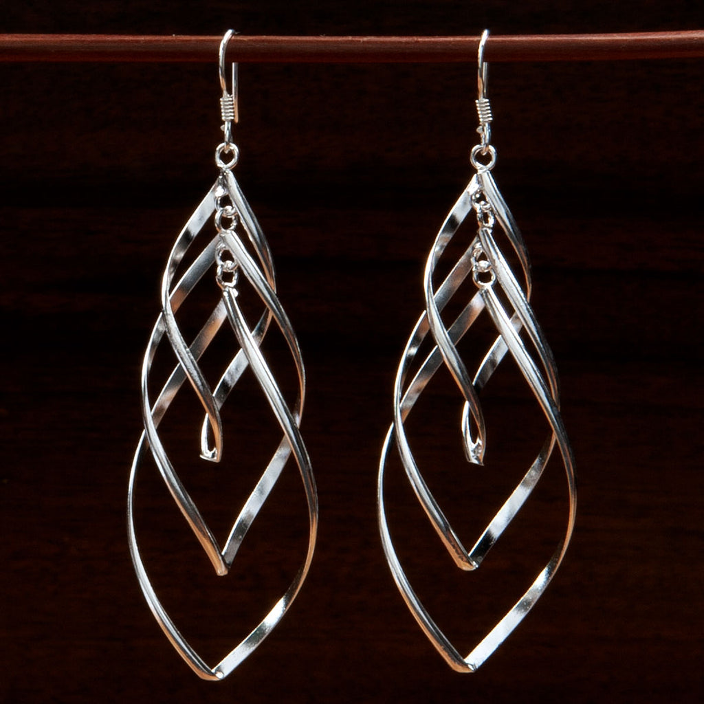 sterling silver pendant earrings each made with three twisted interwoven interlocking drop shapes