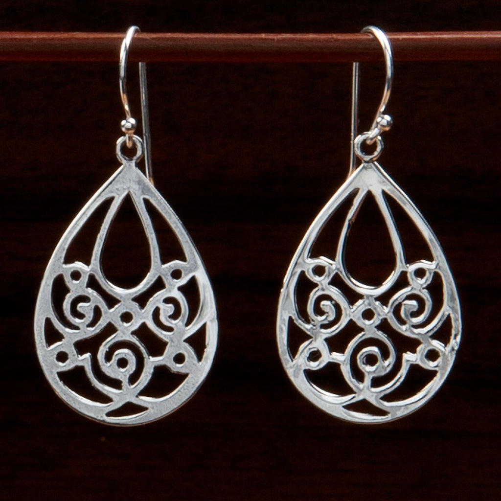 sterling silver droplet shaped pendant earrings with paisley style cut outs