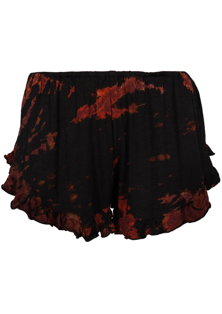Frilled tie dye shorts in black and brown colours on a white background