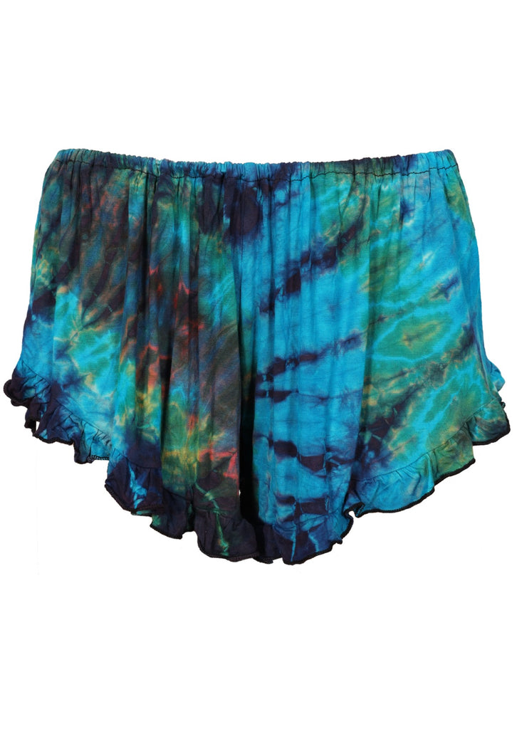 Frilled tie dye shorts in blue colours on a white background