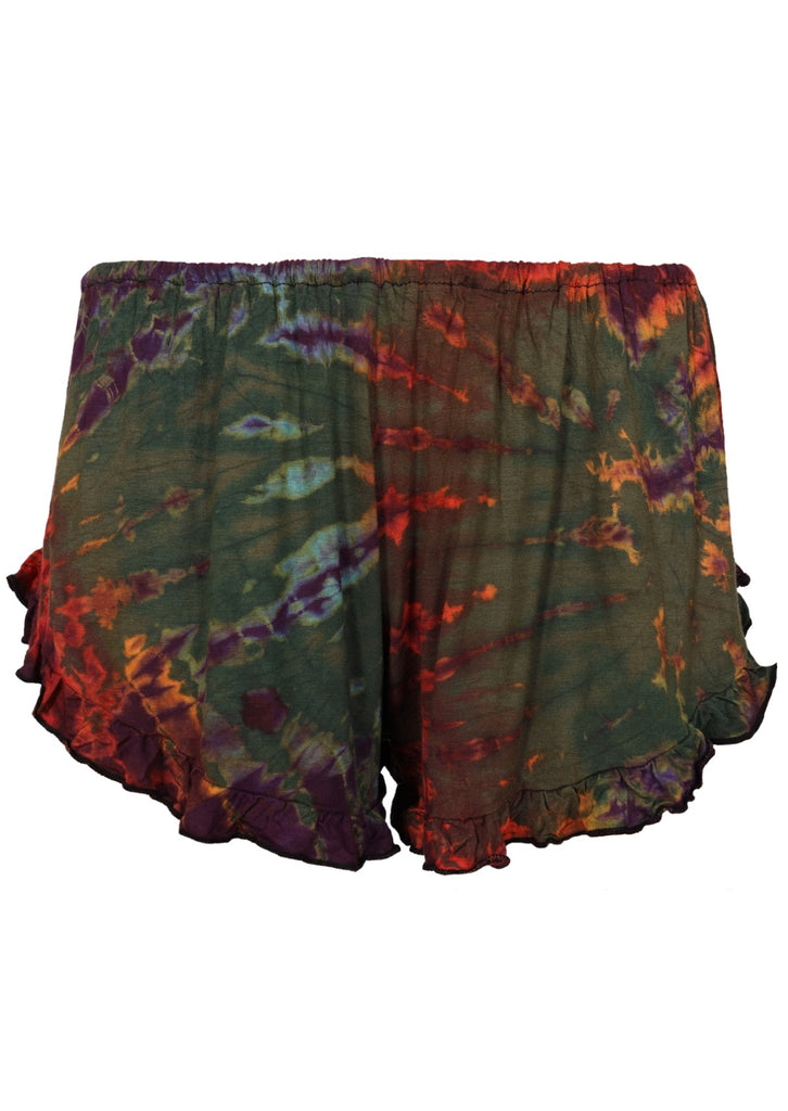 Frilled tie dye shorts in various colours on a white background