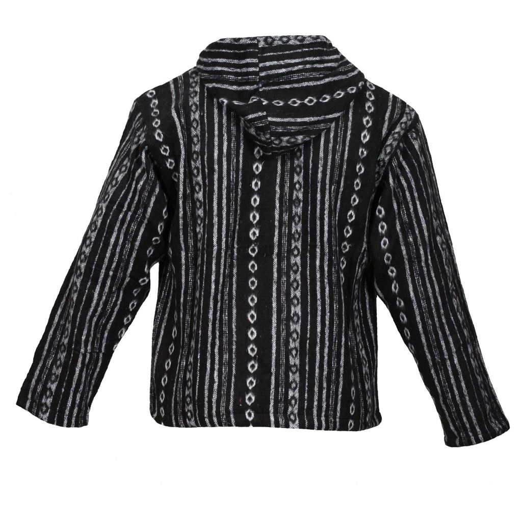 A brushed cotton black jacket featuring white vertical lines, from the back