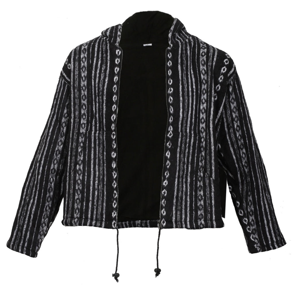 A brushed cotton black jacket featuring white vertical lines