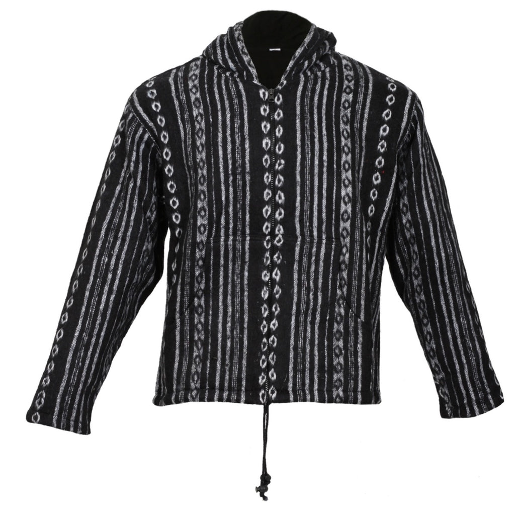 A brushed cotton black jacket featuring white vertical lines