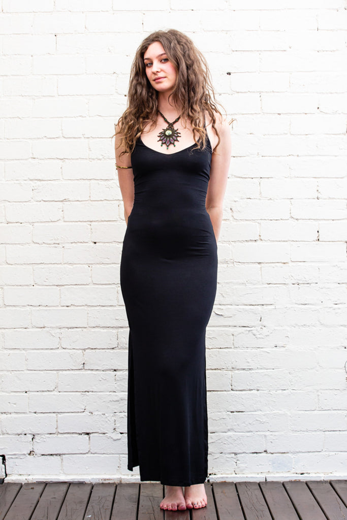Venus Maxi Dress Black long figure hugging dress with cross-weave low-cut back and leg slits front