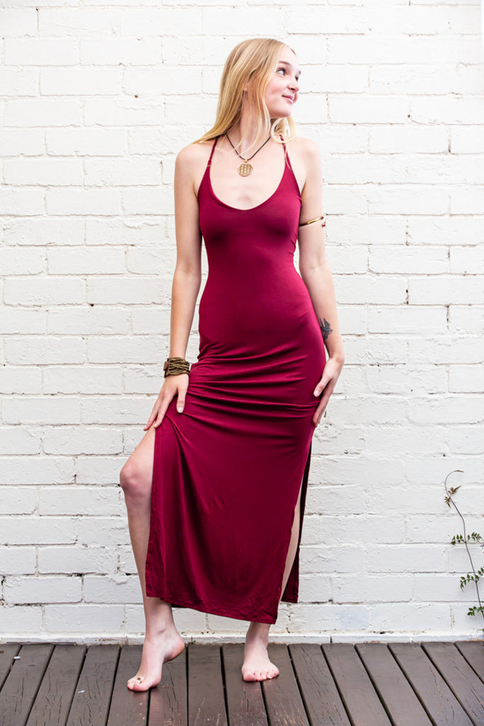 Venus Maxi Dress Wine red long figure hugging dress with cross-weave low-cut back and leg slits front