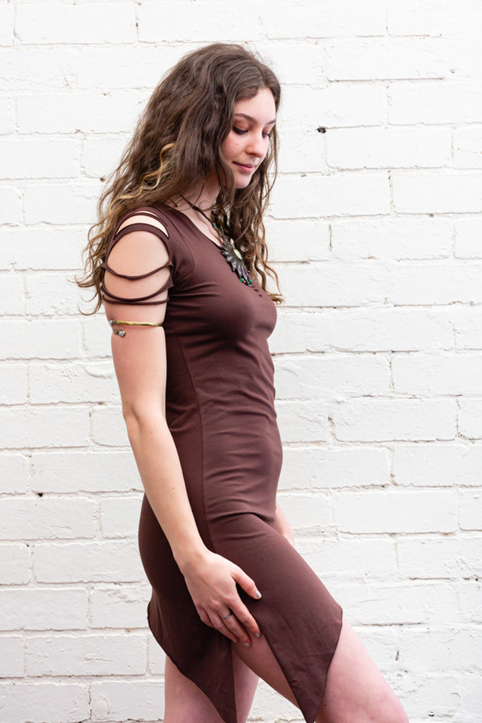 savannah Dress in earth brown with assymetrical hemline and slit-weave shoulder and neck details side