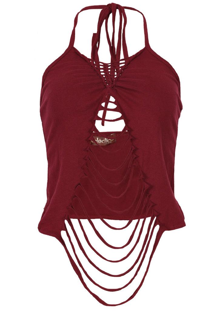 Jessie slit weave tattered tank top wine red front