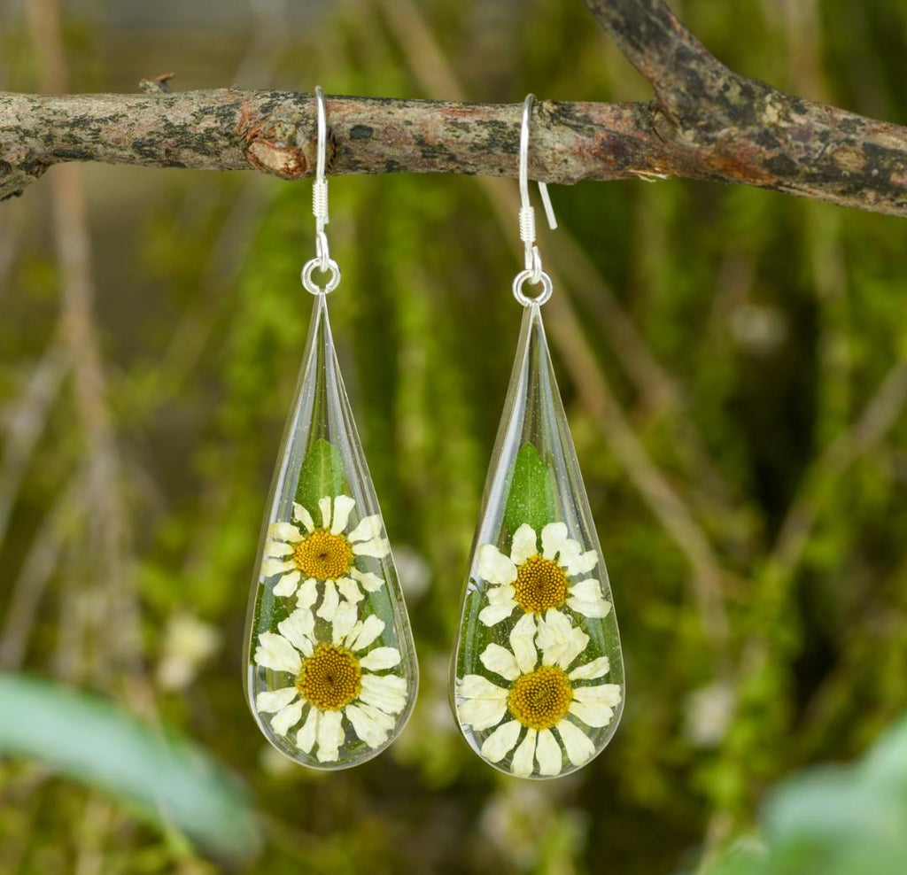 san marco large teardrop shaped silver and resin earrings with dried white daisy-like flowers encased in the resin