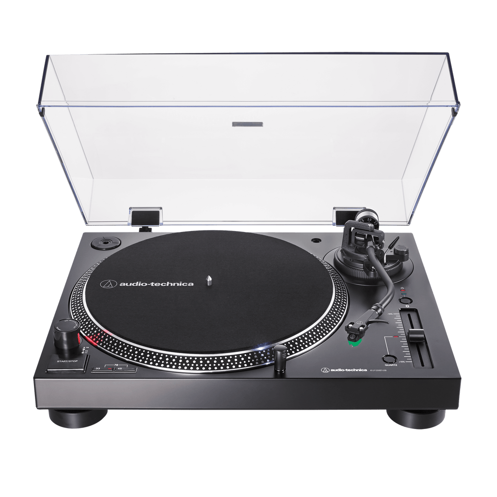 audio technica LP120xbt usb and bluetooth turntable in black from frontt with lid open