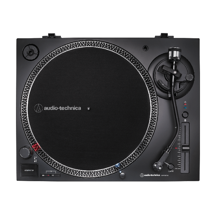 audio technica LP120xbt usb and bluetooth turntable in black from above without lid