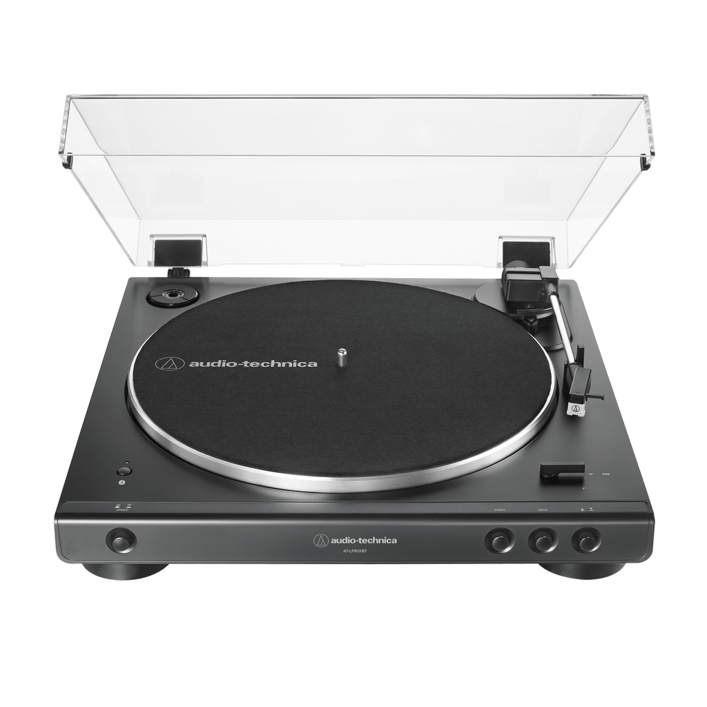 audio technica LP60xbt usb and bluetooth turntable in black from front with lid open
