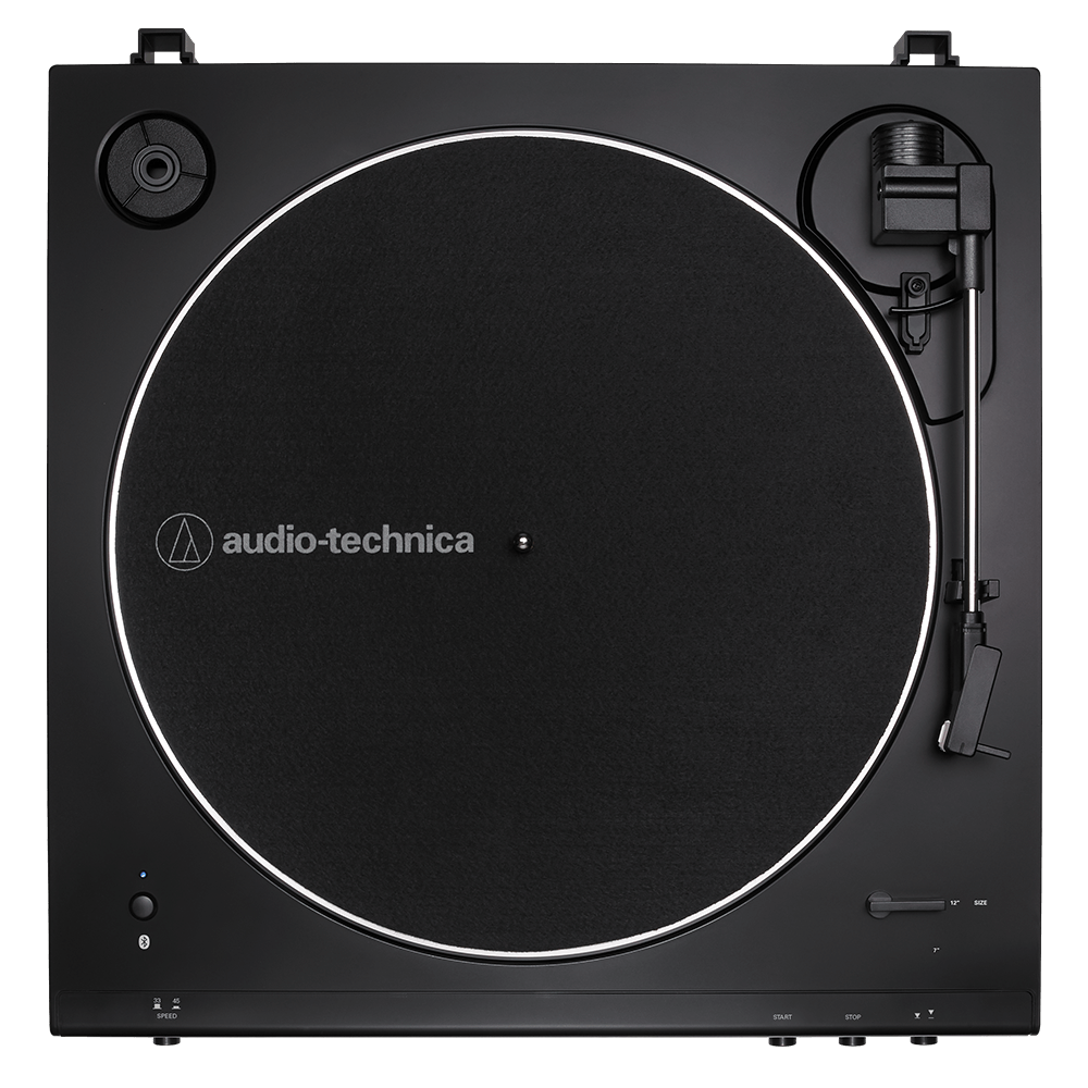 audio technica LP60xbt usb and bluetooth turntable in black from above with no lid