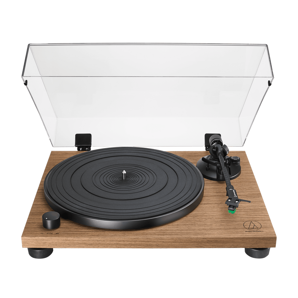 audio technica LPW40WN turntable with timber finish from front with lid open
