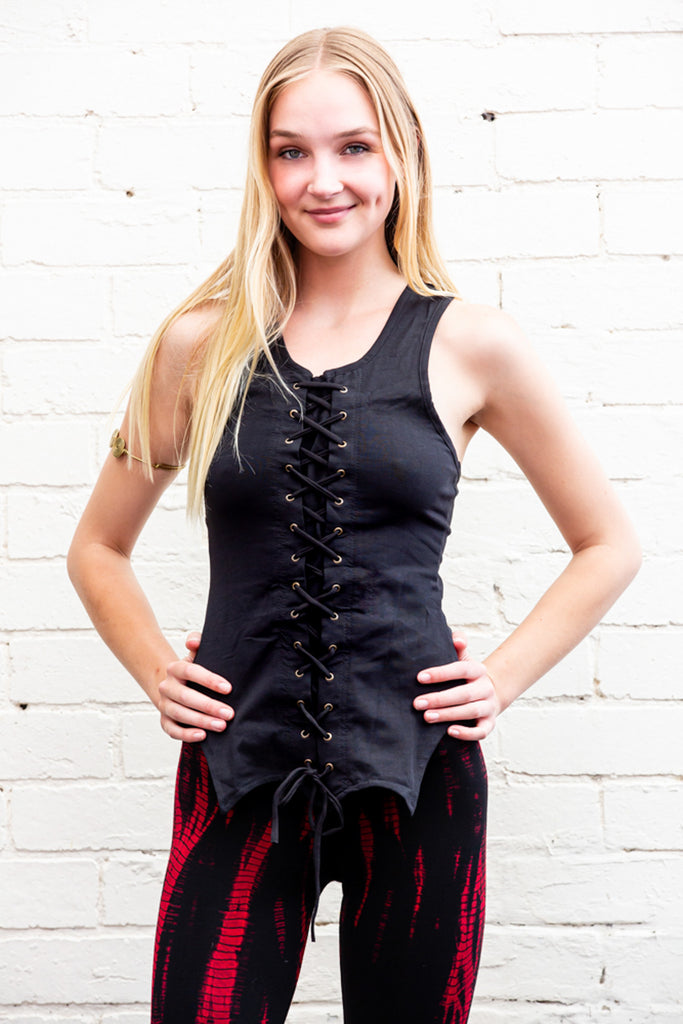 Black Freyja lace-up singlet top with pointed hem line front
