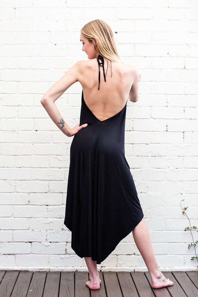 Black full length maxi dress with V-shaped neck back and hemline back