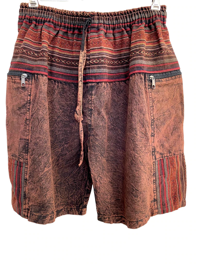 brown stone washed cotton elastic waist drawstringshorts woven detail fabric two zip pockets