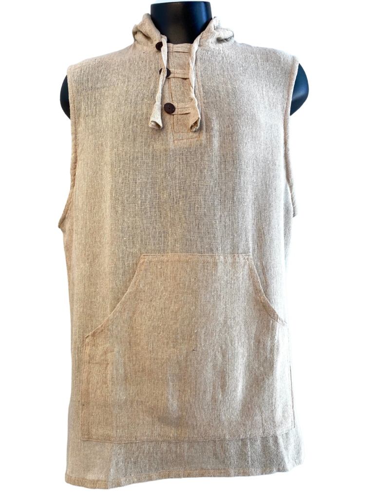Sleeveless natural raw cotton hoodie three button collar front with pocket front