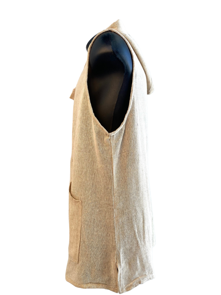 Sleeveless natural raw cotton hoodie three button collar front with pocket side