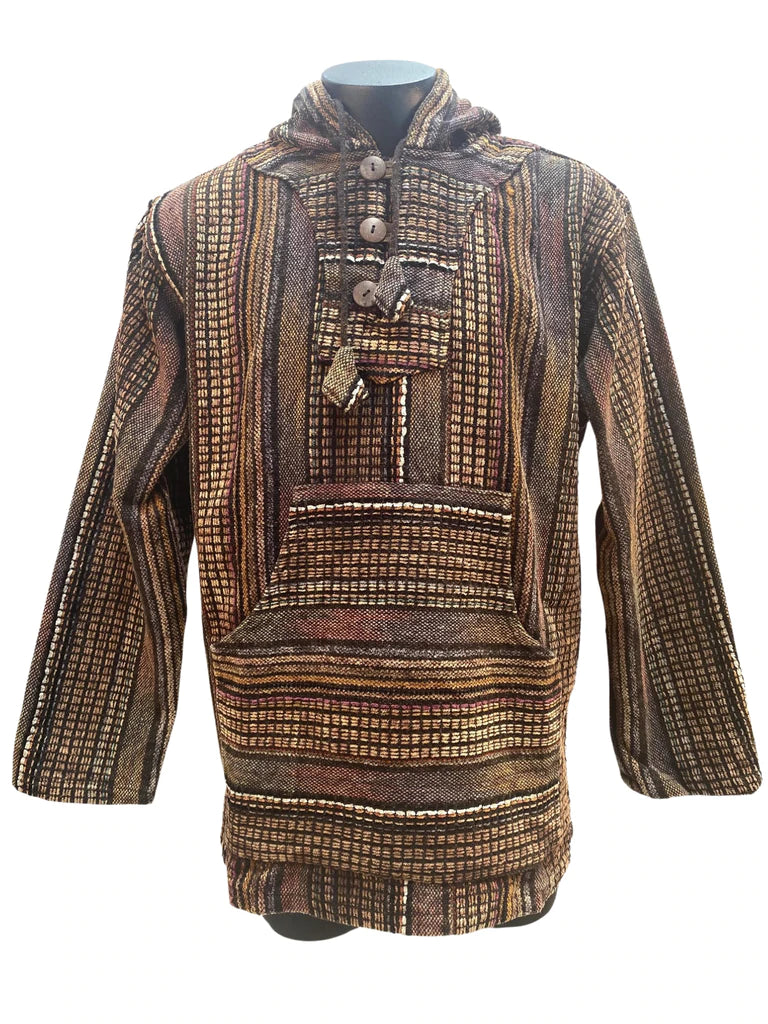 brown and mixed tones patterned thick velour button neck hoodie with drawstring hood and pocket front