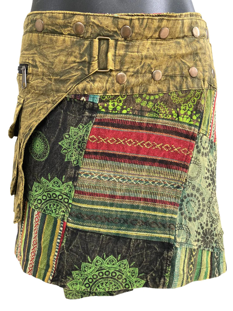 woven and printed stone wash cotton patchwork festival skirt in green tones with studded waist and buckle detail