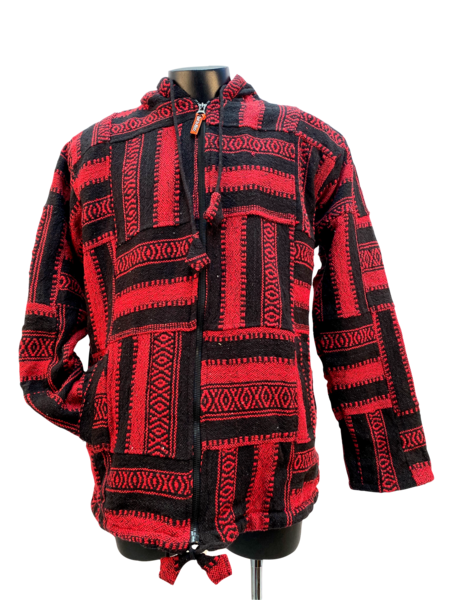 red patterned thick woven gheri cotton zip-up hoodie with drawstring hood and waist