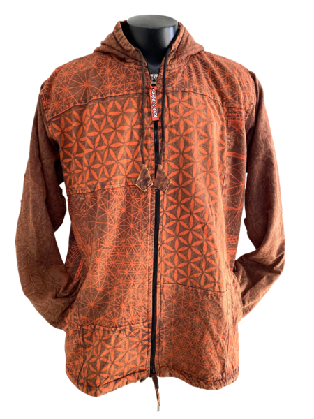 sacred geometry flower of life design stone wash cotton patchwork hoodie jacket with zip and pockets hood and waist drawstrings in orange tones