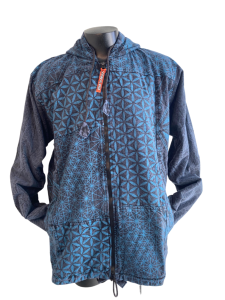 sacred geometry flower of life design stone wash cotton patchwork hoodie jacket with zip and pockets hood and waist drawstrings in blue tones