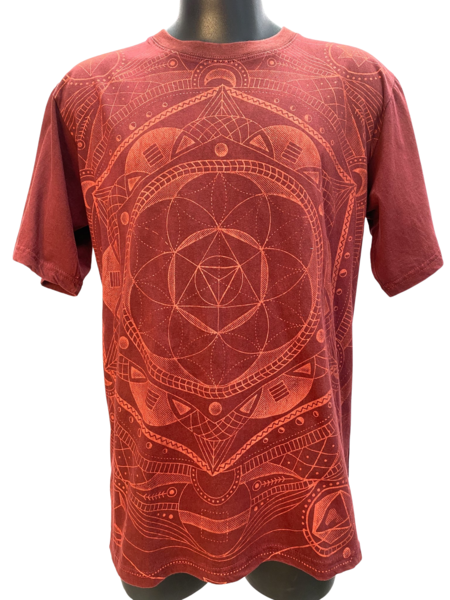 red stone wash unisex cotton t-shirt with sacred geometry graphic print design on front