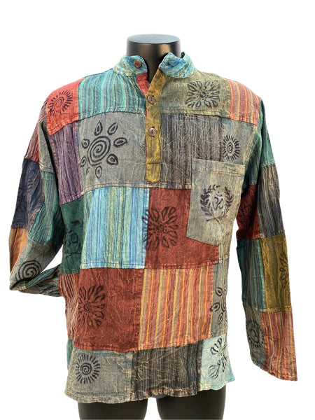 stone washed cotton patchwork three button round collar long sleeve men's shirt
