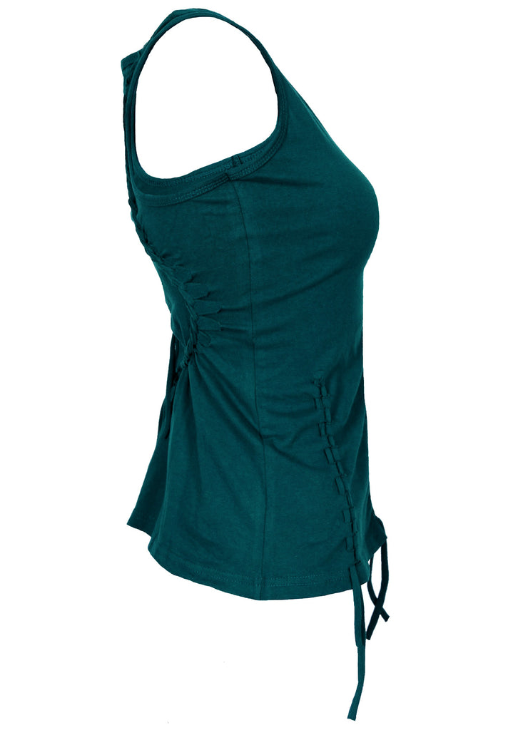 Maia slit-weave singlet tank corset top with dangling ties at sides and midriff in teal blue side