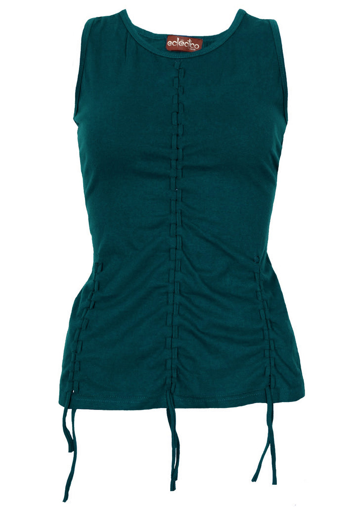 Maia slit-weave singlet tank corset top with dangling ties at sides and midriff in teal blue front