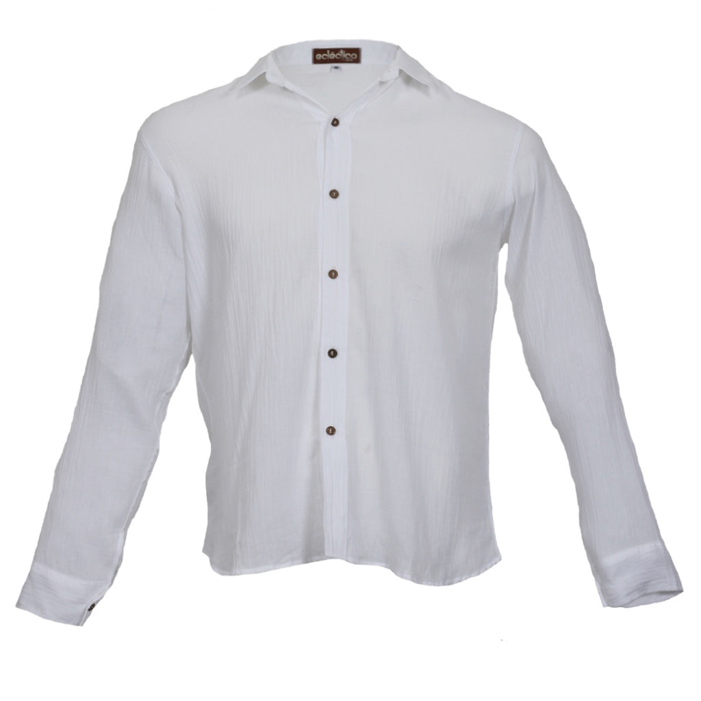 Men's cotton button up long sleeved collared shirt white