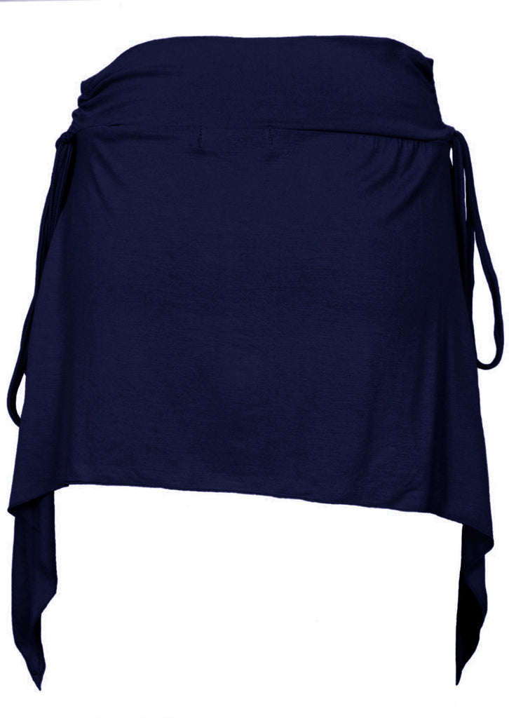 pixie mini skirt in navy blue with long ties and side drapes back