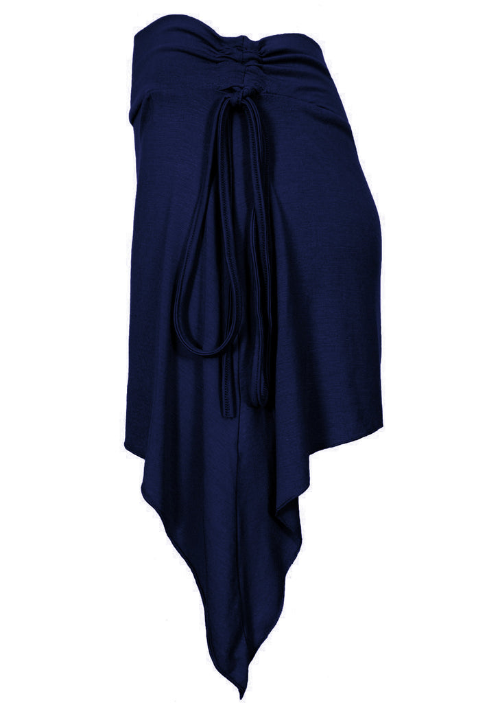 pixie mini skirt in navy blue with long ties and side drapes side