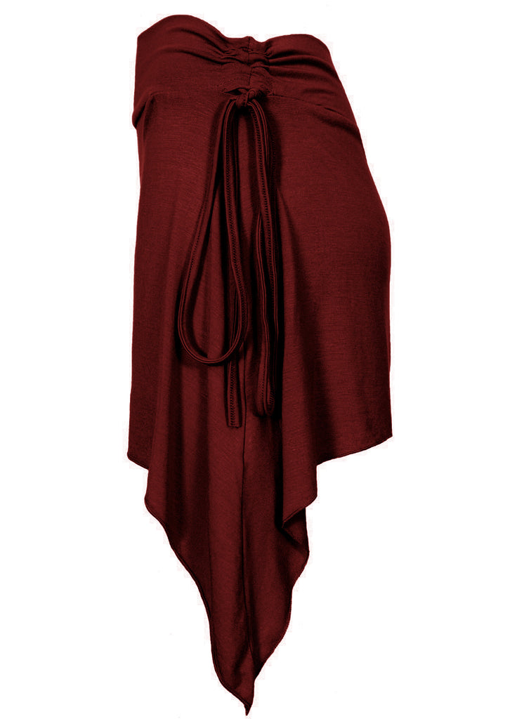 pixie mini skirt in wine red with long ties and side drapes side