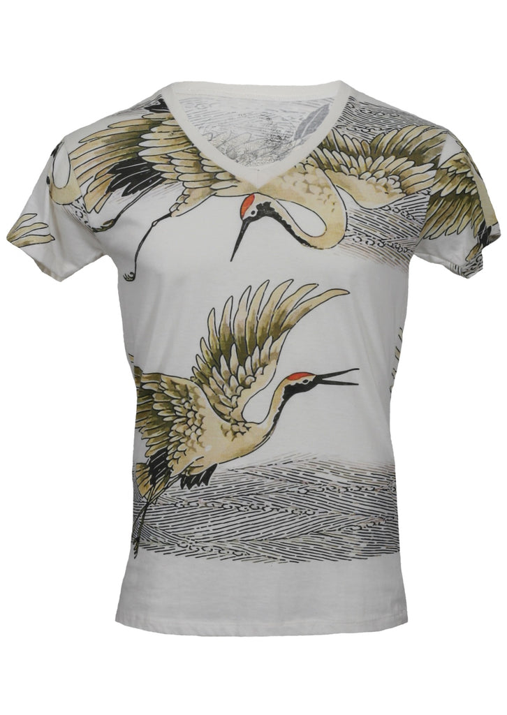 A white T-shirt featuring a Crane design on a white background