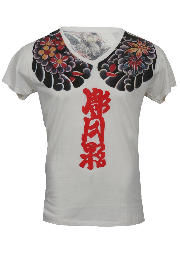 A white cotton T-shirt featuring a demon asian design