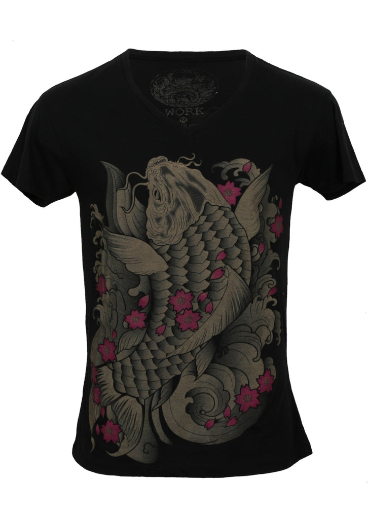 Black work T-shirt featuring a Koi fish design