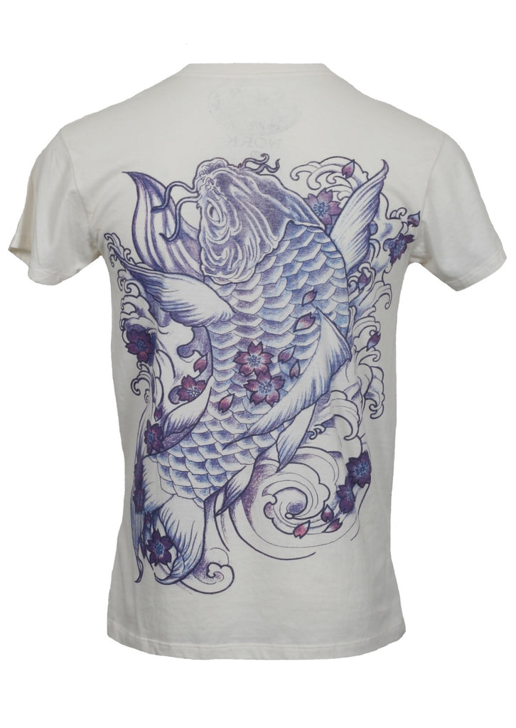 Back of a white T-shirt featuring a Blue Koi printed design on a white background