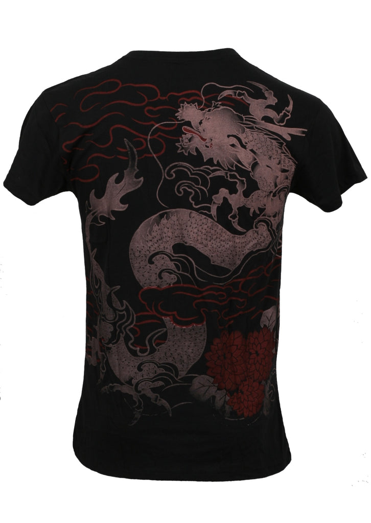 A black T-shirt featuring a dragon work design from the back