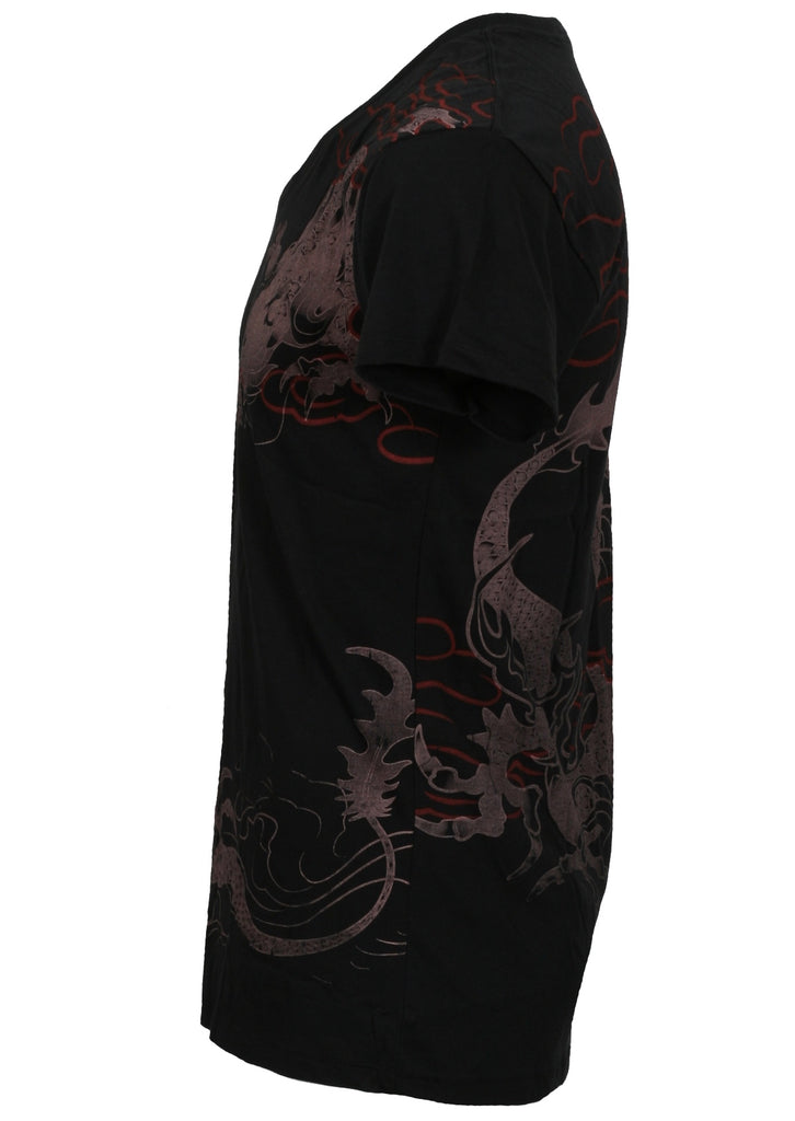 A black T-shirt featuring a dragon work design from the side