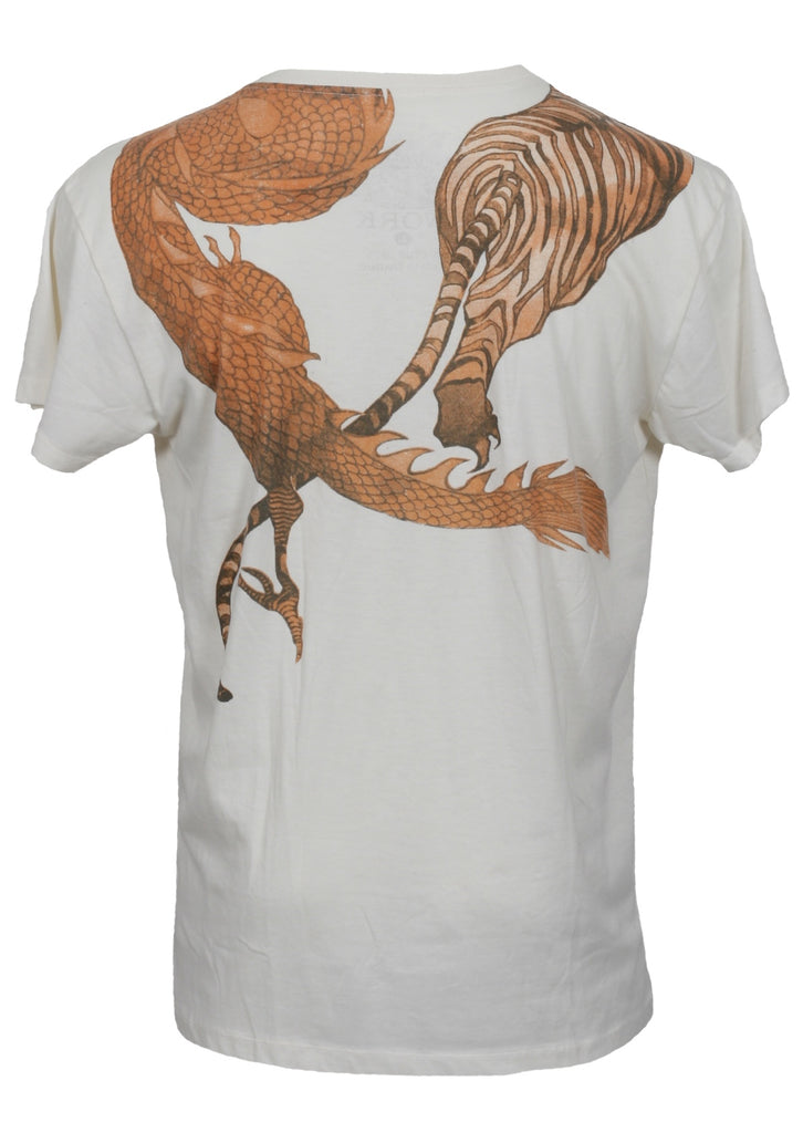 White V-neck T-shirt with tiger and dragon graphic back